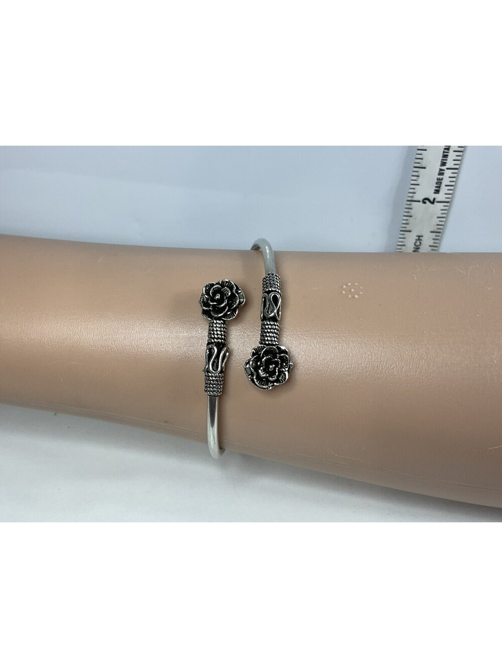 Sterling Silver Open End Rose Bangle Bracelet 7.5”